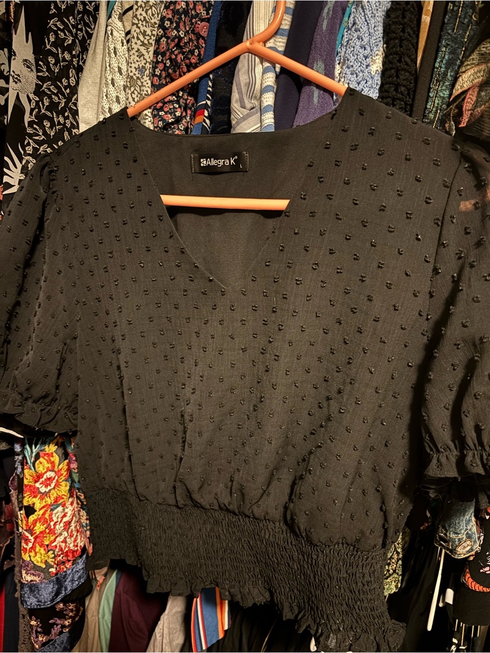 Allegra K Black Swiss Dot V-Neck Puff Sleeve Blouse